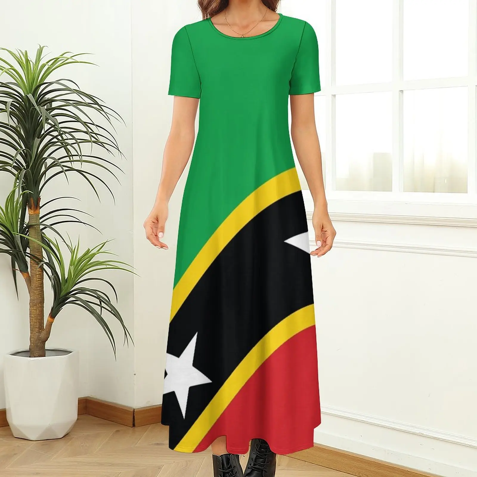 St Kitts and Nevis National Flag Round Neck Short Sleeve Dress prom dress 2024 elegant chic wedding evening dresses dress