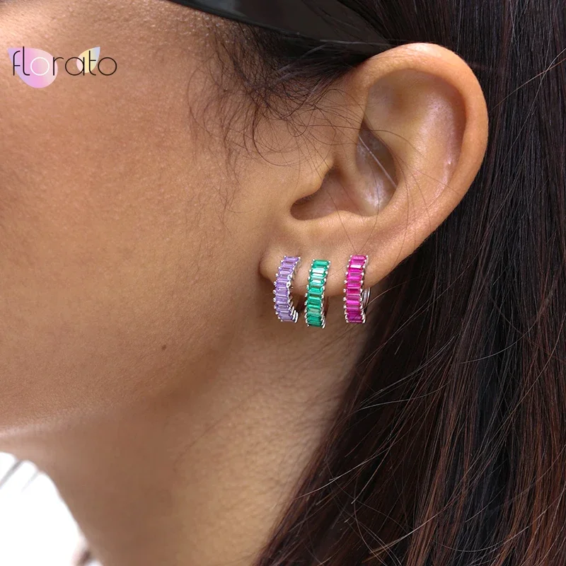 925 Sterling Silver Needle Circle Inlaid Colorful Zircon Hoop Earrings for Women Delicate charm Jewelry Huggie Earring wholesale