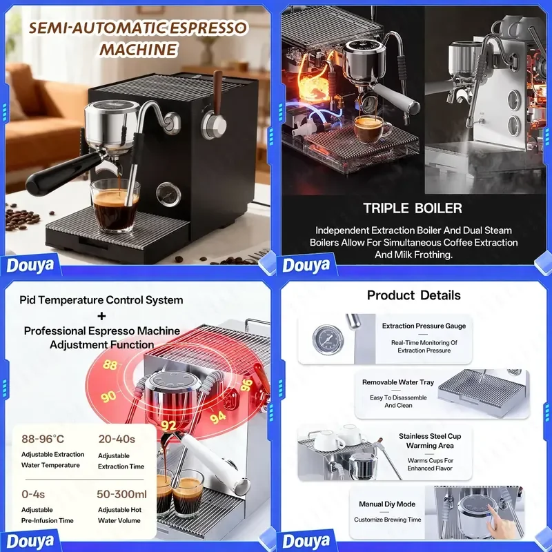 CAFOVO E120 Semi-automatic Espresso Machine ULKA Pump 9Bar OPV System 3 Boiler with OLED Display for Cafe Coffee Maker 220V