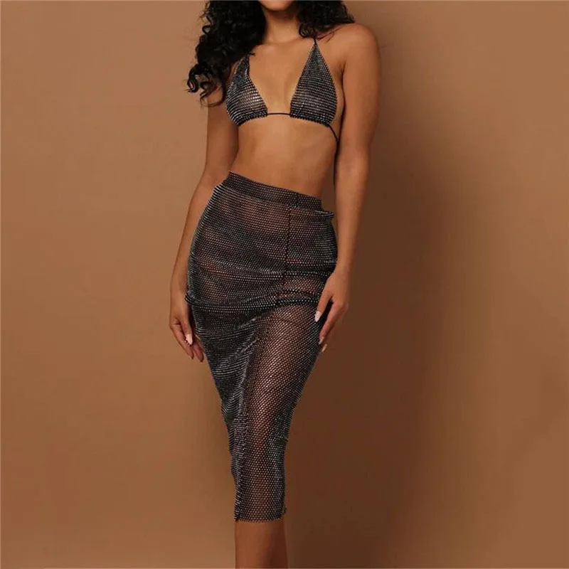 

Fishnet Diamond Nightclub Party Sexy Tank Top + Long Skirt Women 2 Piece Set Crystal Rhinestone Festival Rave Matching Outfits