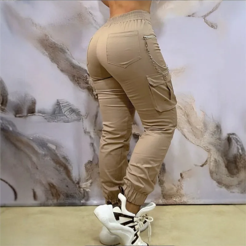 2025 New Women's Pants Sim-fit Fashion All-in-one Khaki Bunched Feet Elastic Multi-pocket Chain Cargo Pants Trend High Street - view 2