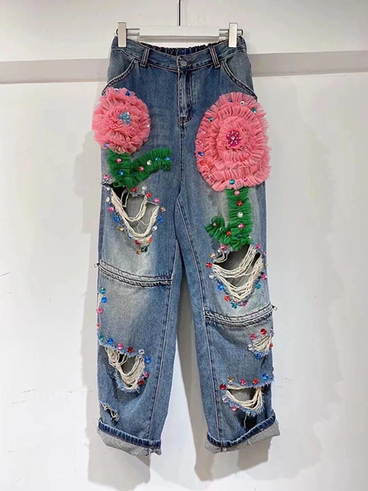 DEAT Women\'s Jeans High Waist Straight Embroidered Flares Hollow Out 3d Pleated Lace Flowers Denim Pants 2024 Autumn New Fashion