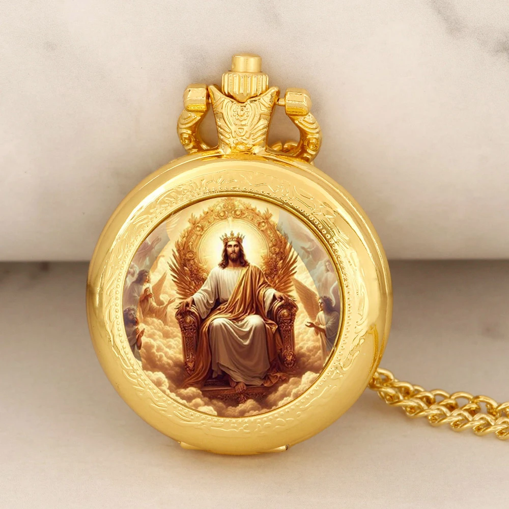 パーソナライズされたファッションゴールデンステンレス鋼神秘的なイエスデザインクォーツ懐中時計ネックレス女性男性ジュエリーペンダントチェーン