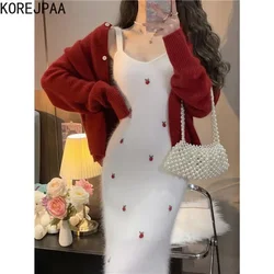 Korejpaa Sweet Strawberry Embroidery Knitted Sling Dress Women Korean Chic Clothing Gentle Long Sleeve Red Sweater Cardigan