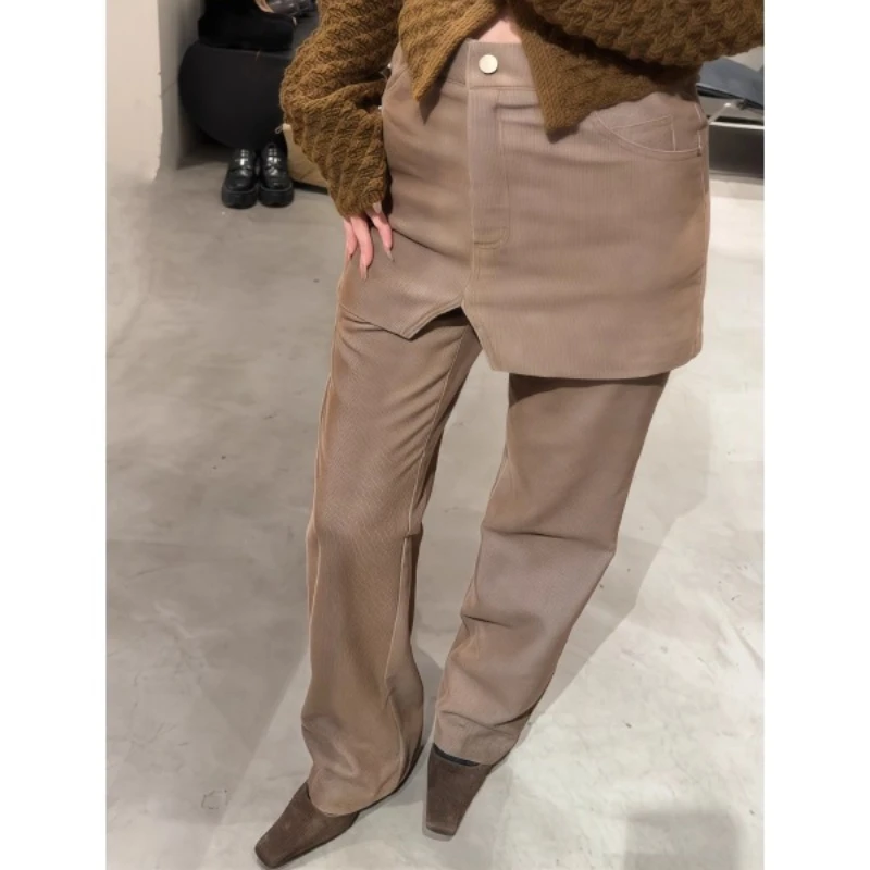American Retro Corduroy Brown Women's Skirt Pants 2025 Winter New Loose Splicing Design Versatile Straight-Leg Trousers Ladies