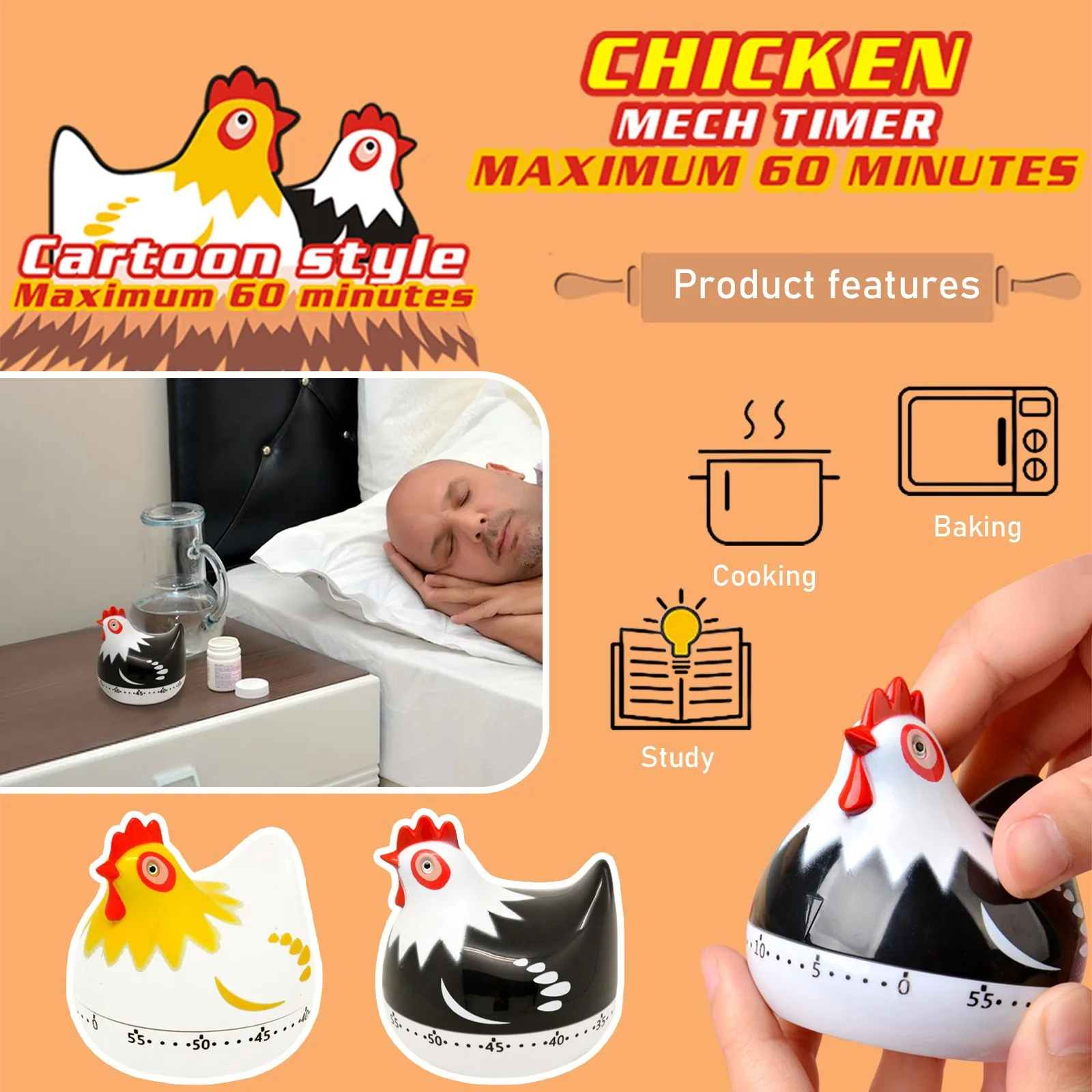 55 Minutes Novelty Kitchen Timer Cute Chicken Pattern Mechanical Rotating Alarm For Cooking Baking Countdown Clock