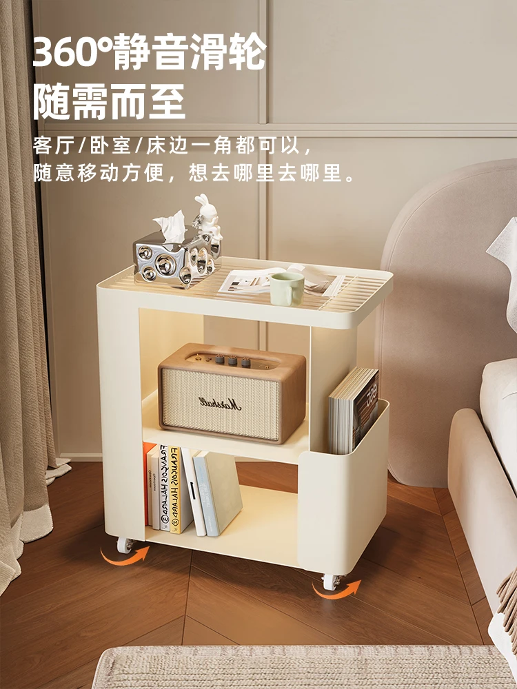 Cream wind movable small coffee table sofa side cabinet modern simple living room glass corner table storage trolley