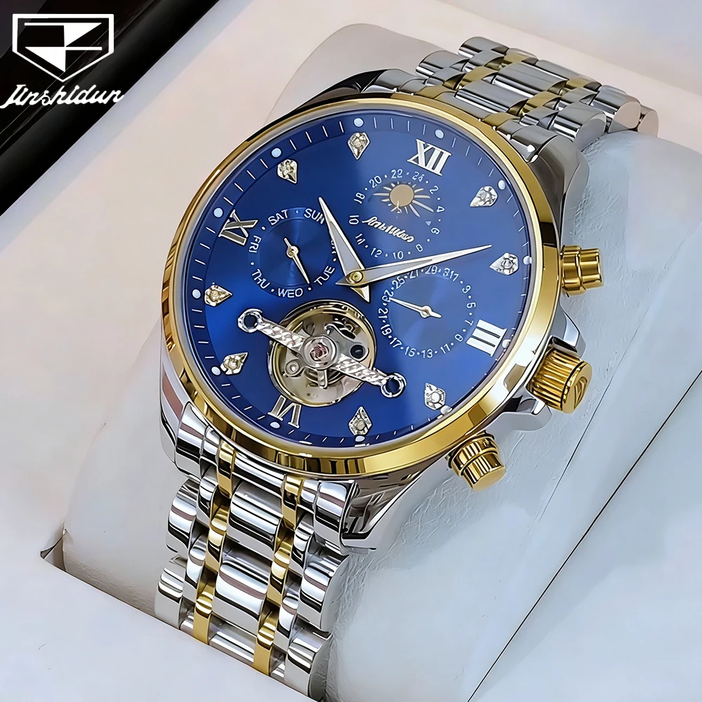 

JSDUN Men's Watches Luxury Business Fine Steel Self-winding Flywheel Original Automatic Mechanical Wristwatch Moon Phase Date