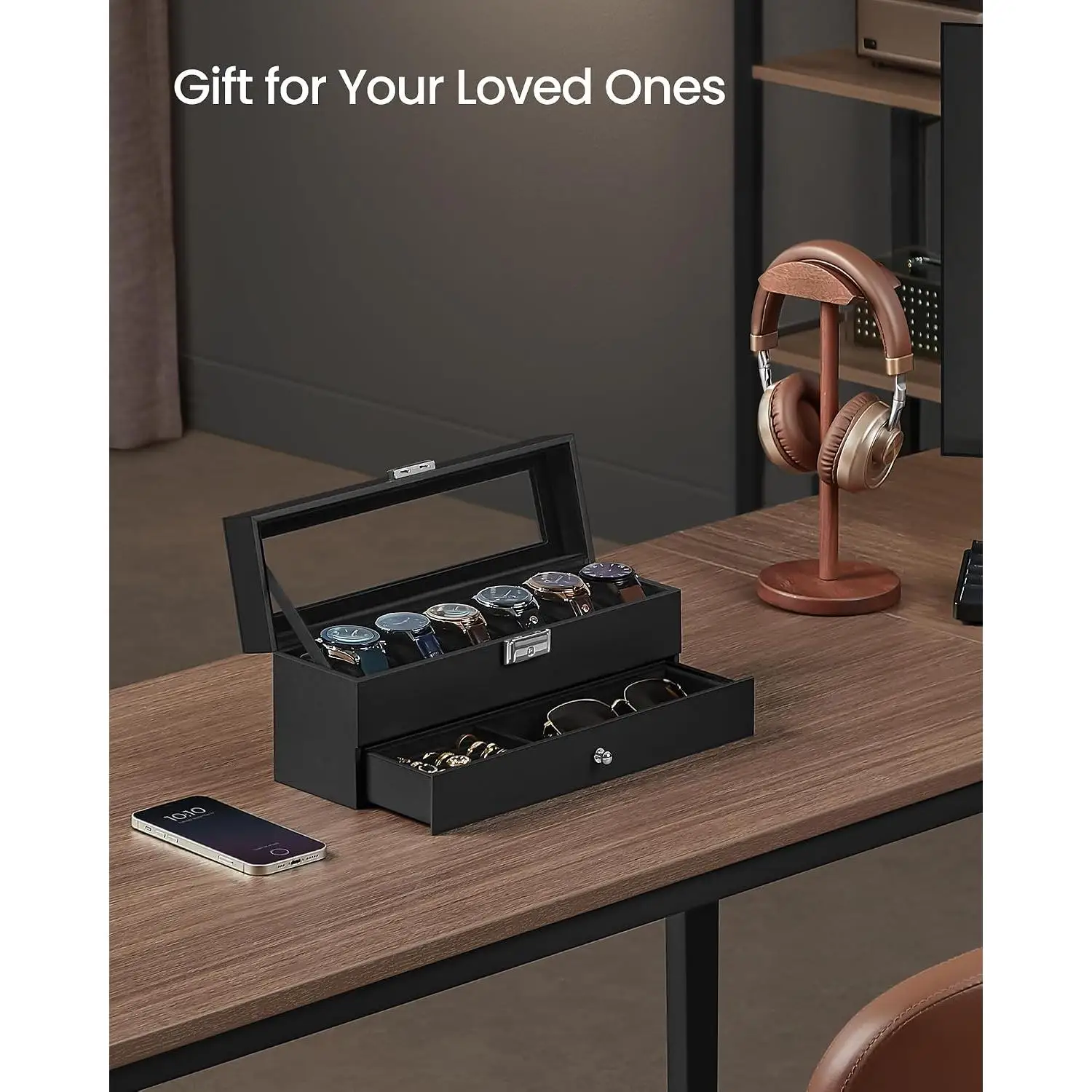 6-Slot Watch Box, Lockable with Glass Lid, 2 Layers Watch Case