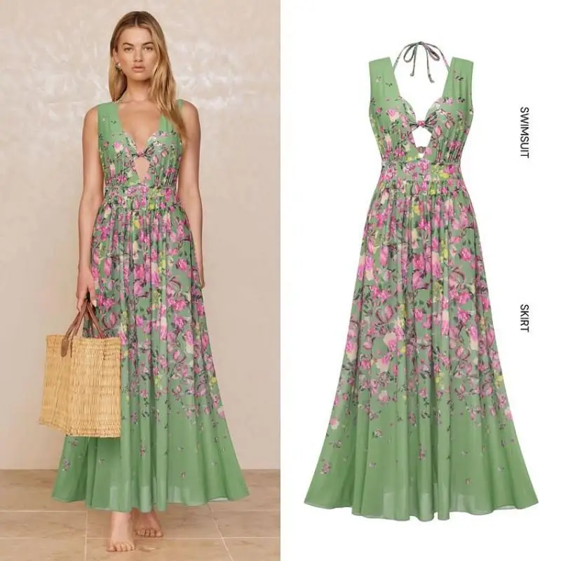 Flaxmaker 2025 Top floreale vintage e set da bagno con volant profondo e gonne Costume da bagno estivo da donna Abbigliamento da spiaggia