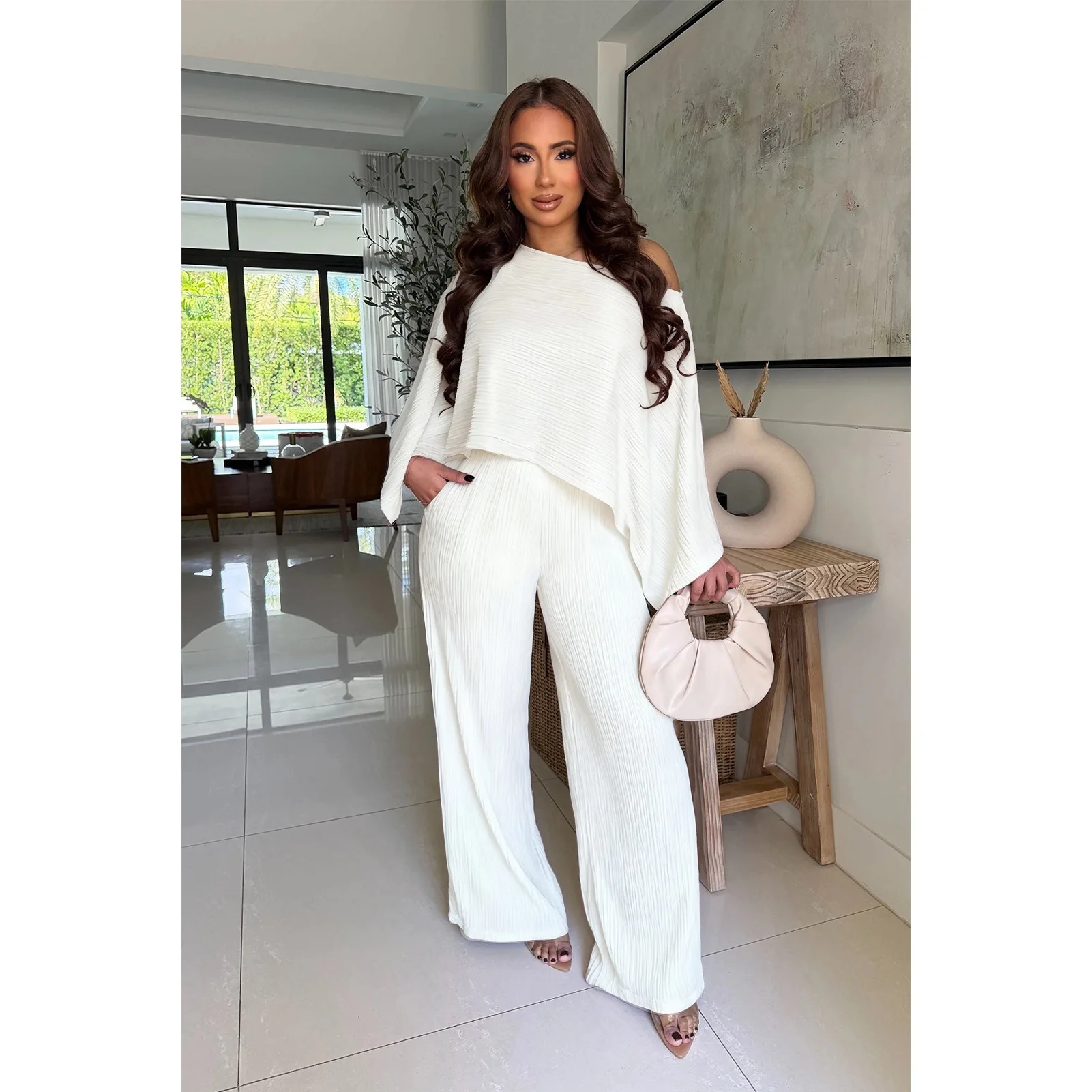 Women's New Solid Color Texture 2-piece Set With Off Shoulder Bat Sleeve Loose Top High Waist Pocket Wide Leg Pants Casual Wear