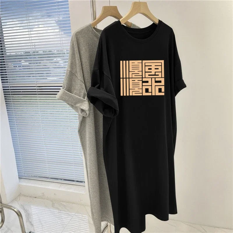 Women Clothing Chic Y2k Printed Dress Summer New Fashion Casual Loose Simple Comfortable Dresses Short Sleeve O-neck Tunic