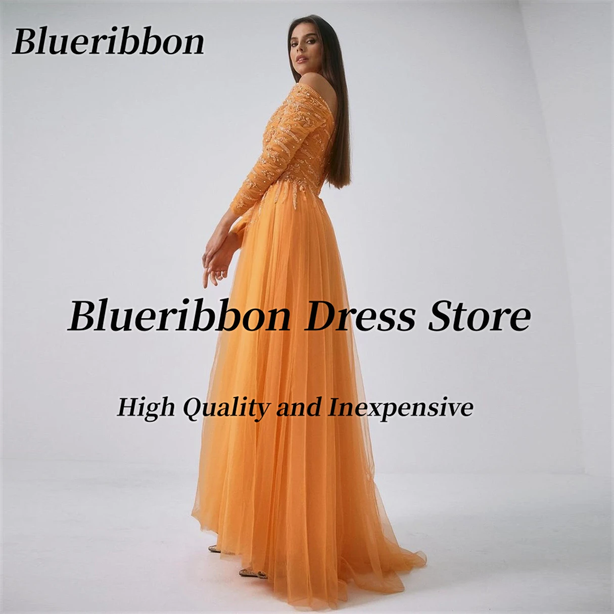 Blueribbon Special Occasion Ladies Wear Bateau Neck Prom Dresses Beaded Long Sleeves Evening Party A Line Tulle Birthday Gowns