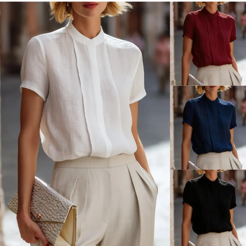 

Women's Blouses New Style French Stand Collar Short-sleeved Shirt For Women Simple Commuting And Versatile Top Vintage Clothing