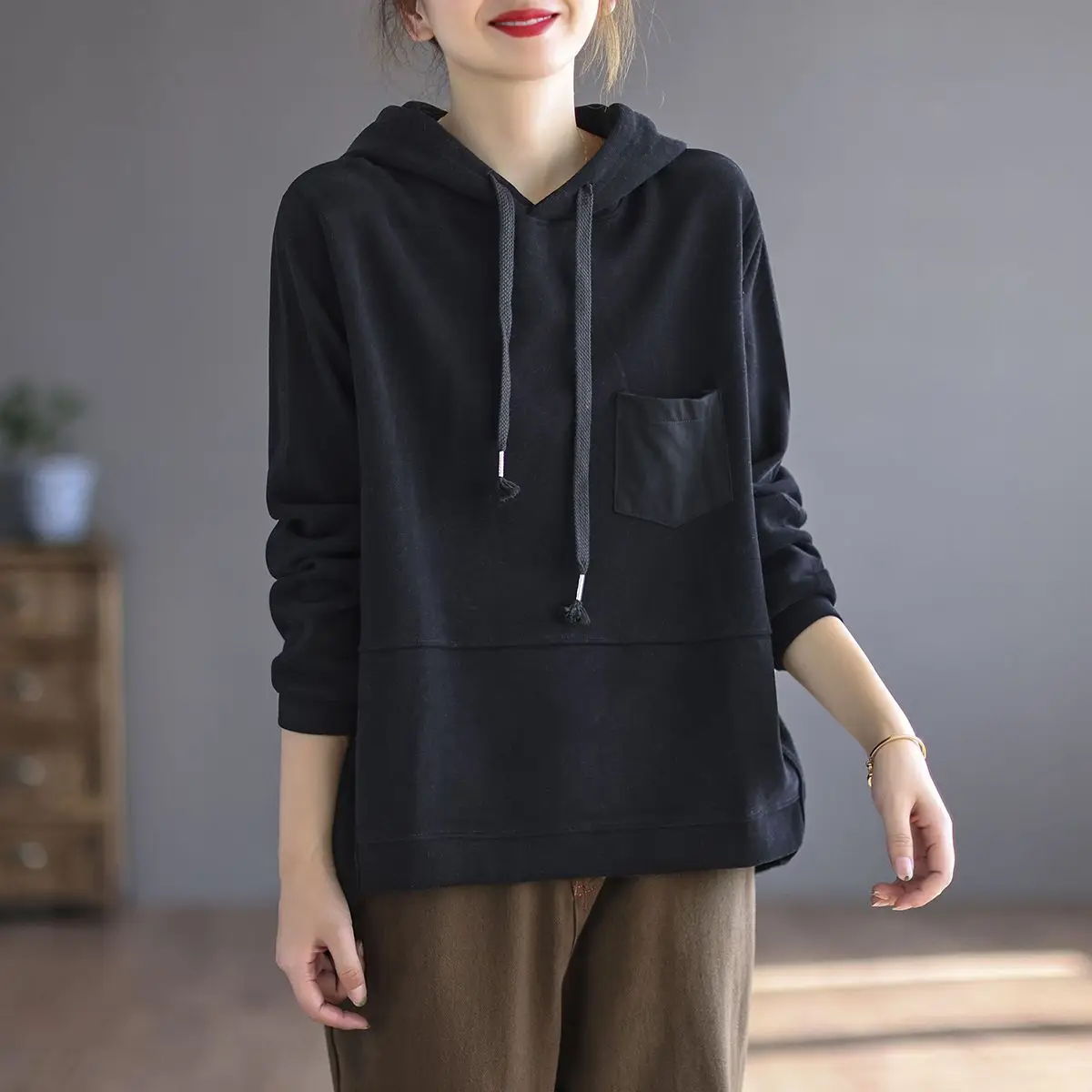 

Sweatshirts For Women Hooded Female Clothes Baggy Tops Hoodies Plain Black Loose Basic M Offer High Quality Goth Long Sleeve E