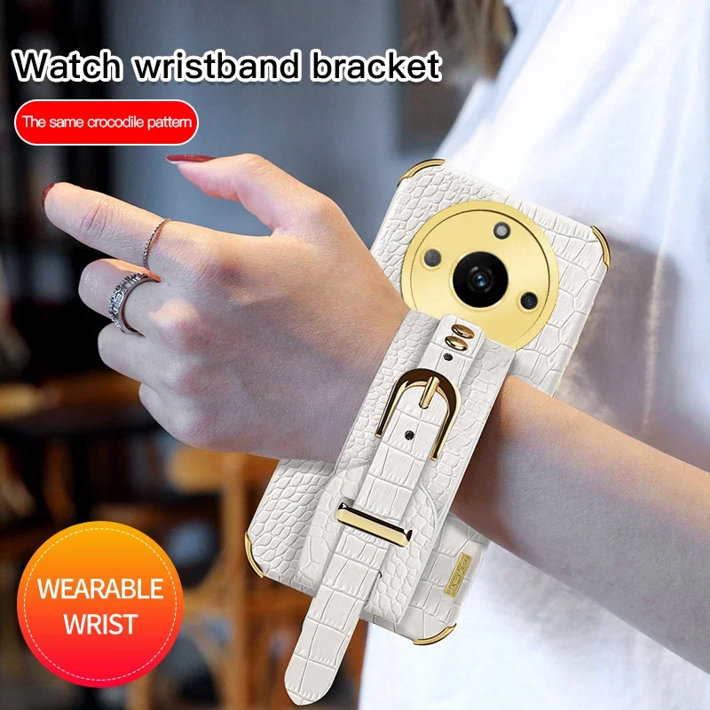 

Чехол для телефона из крокодиловой кожи с ремешком на запястье для Realme Narzo 70X60 Pro 5G N53 N55, защитный чехол-подставка, мягкий силиконовый чехол