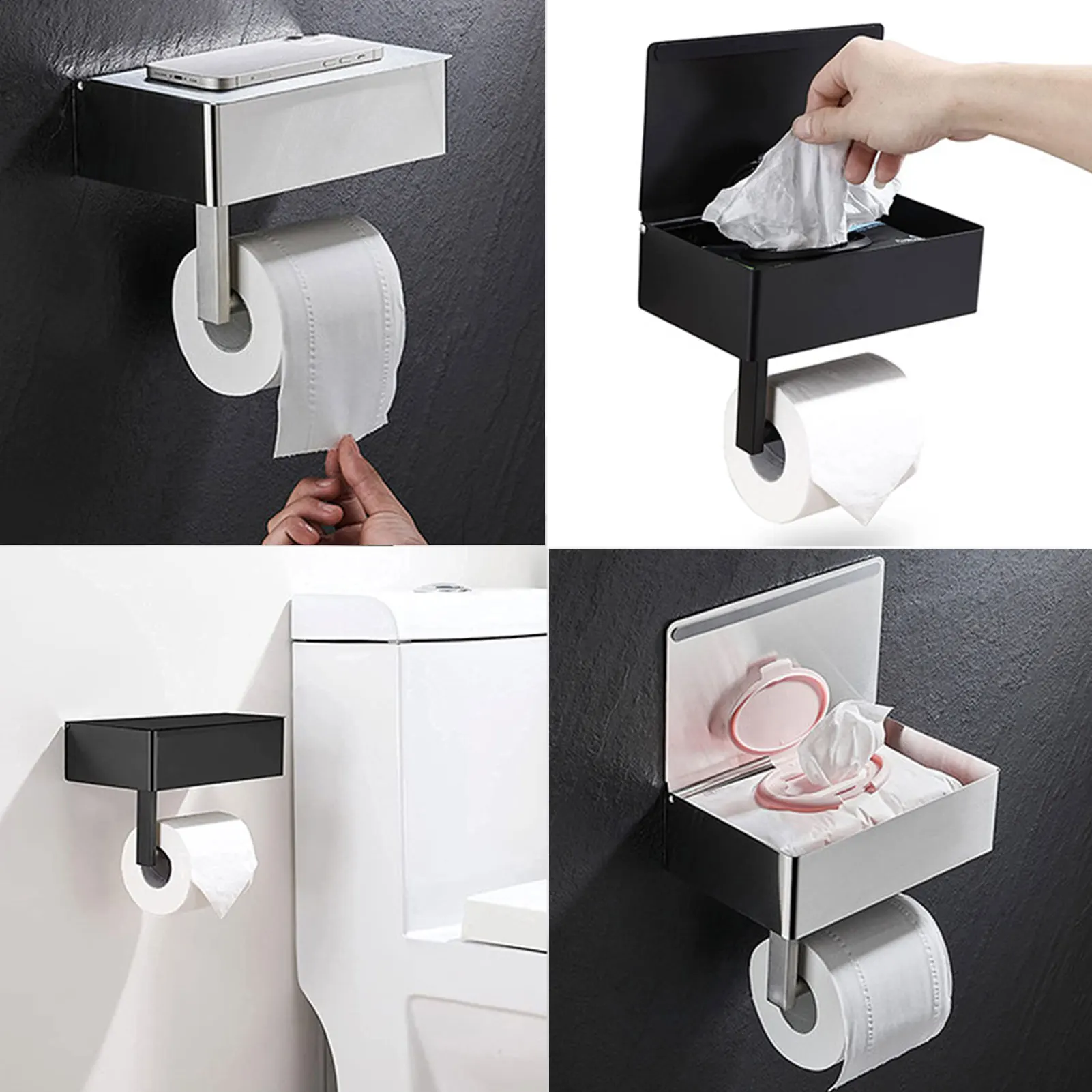 Toilet Paper Holder with Shelf Wet Wipes Dispenser Storage Shelf Stainless Steel Wall Mount for Wipes Tissue Roll Feminine