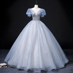 Vestido De 15 Anos Sparkly Sequin Quinceanera Dresses 2024 New Bling Blue Ball Gown Sweet Girls Short Sleeves Prom Party Dresses