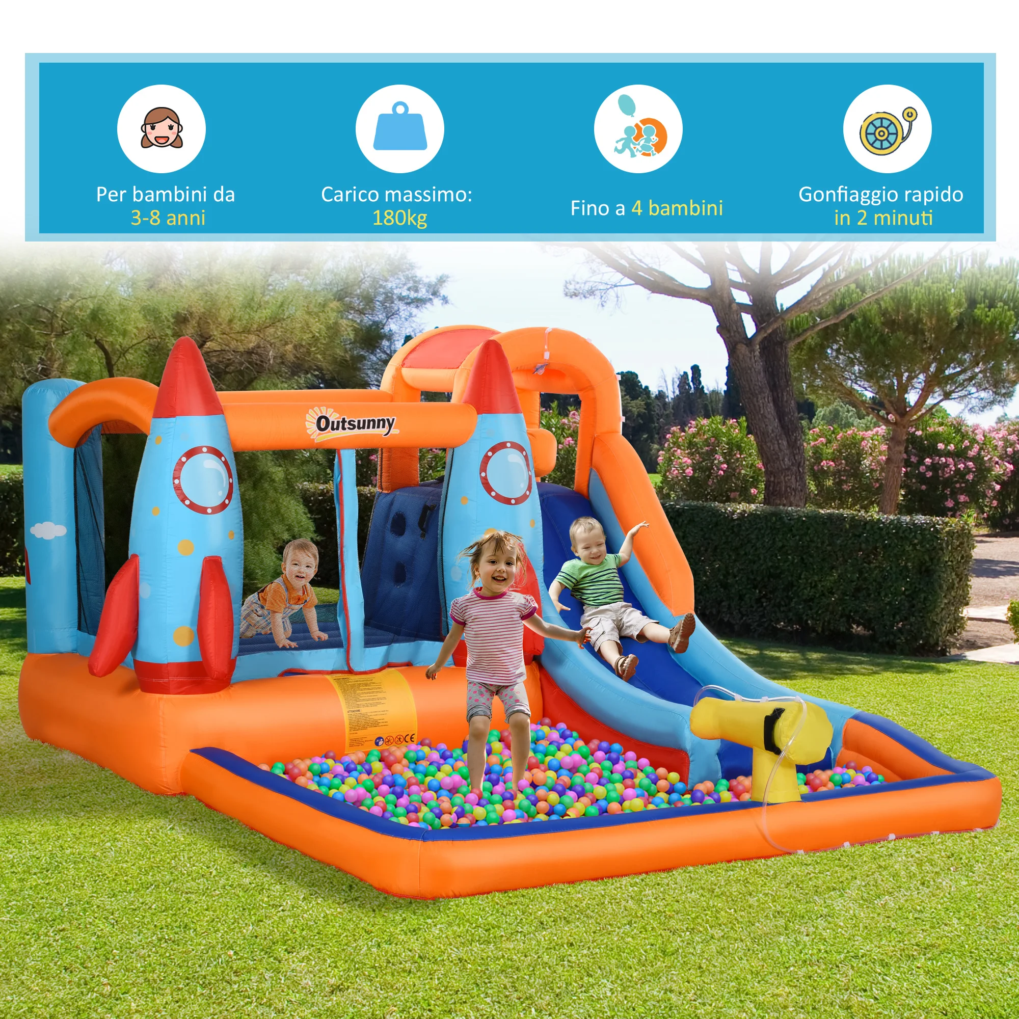 Immagine 7: Outsunny Castello Gonfiabile per Bambini 5 in 1 con Scivolo, Trampolino, Piscina, Parete da Arrampicata e Pistola ad Acqua, Gioco Gonfiabile per 4 Bambini 3-8 Anni, 350x250x185 cm