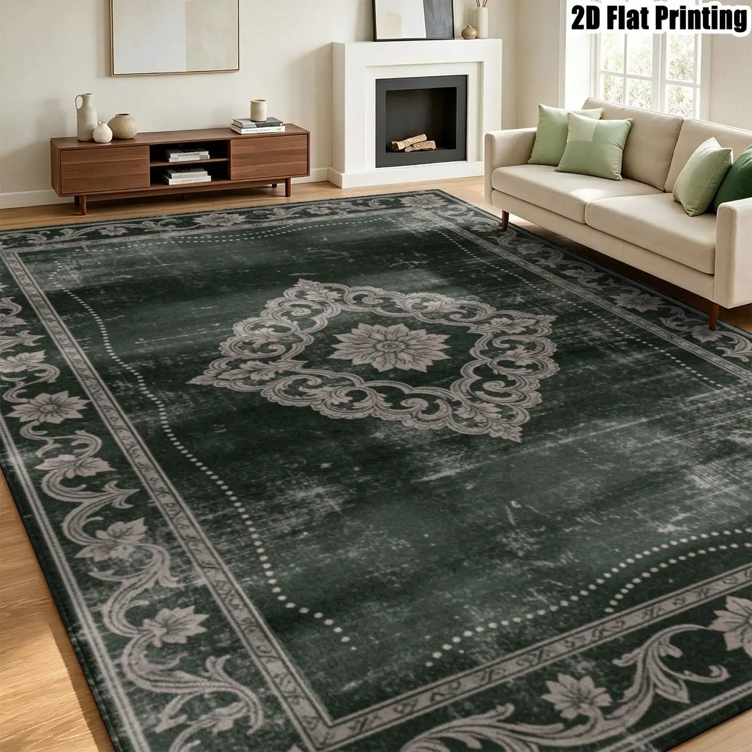 1Pc 2D Printed Carpet: Dark Green-Grey European Retro Scroll Pattern, Multi-Size Machine Washable, for Entrance, Dining, Bedroom, Living Room Etc