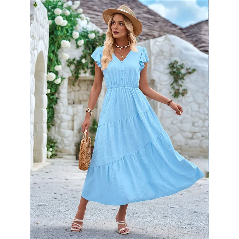 NEW-Women's 2025 Summer Casual Flutter Short Sleeve Crew Neck Smocked Elastic Waist Tiered Midi Dress