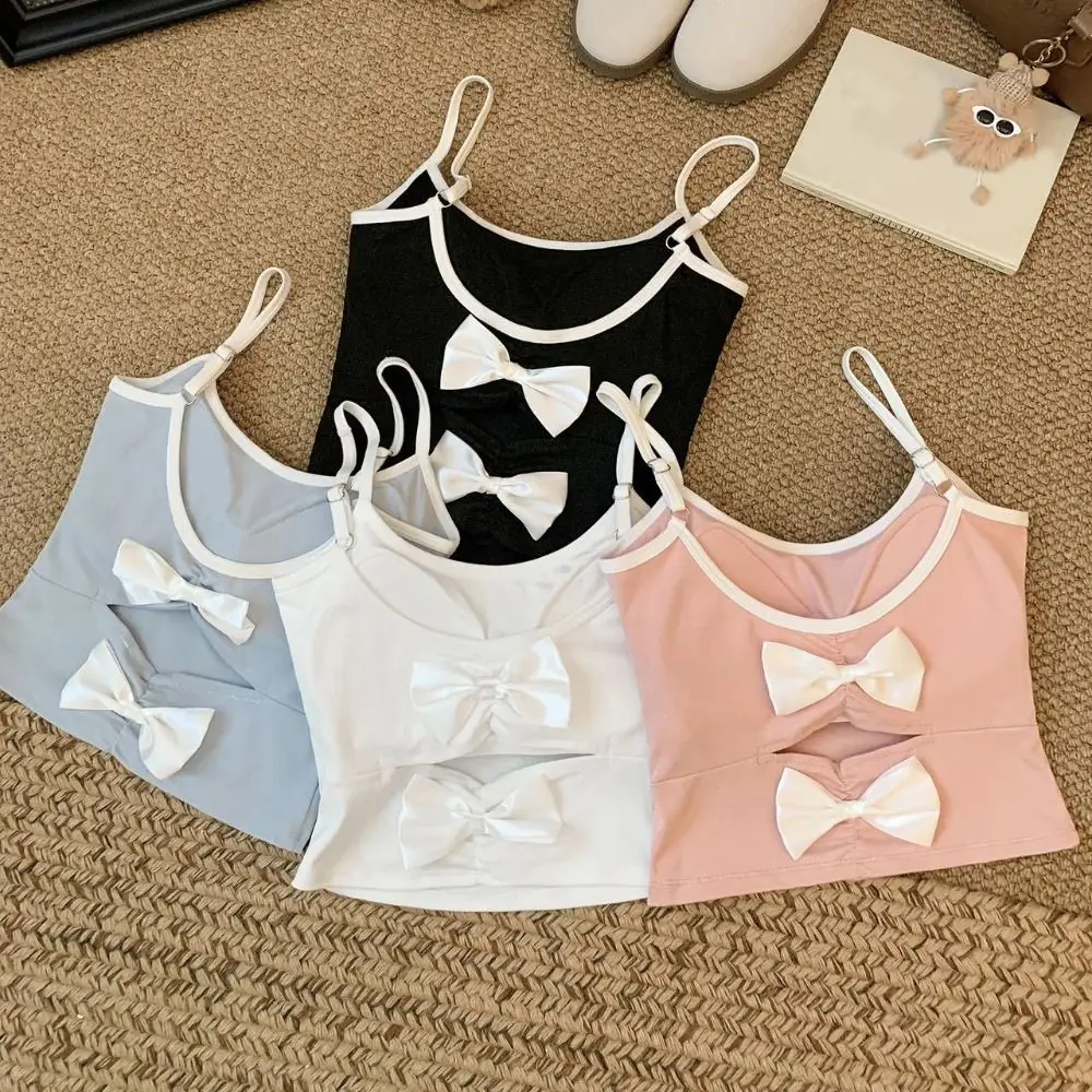 

Fashion Spicy Girl Camisole with Pads Patchwork Hollow Rhinestone Bow Camisole Sleeveless Beauty Back Suspender Vest Ladies