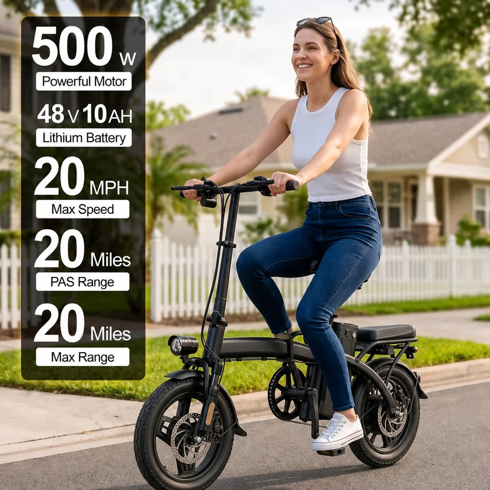 HOPAPE G11 Folding Electric Bike, 500W Peak Motor 48V 10AH Removable Battery, 14" Electric Bicycle for Adults, 20MPH Max Speed 20Miles Range, Dual Disc Brakes, City Commuter Ebike