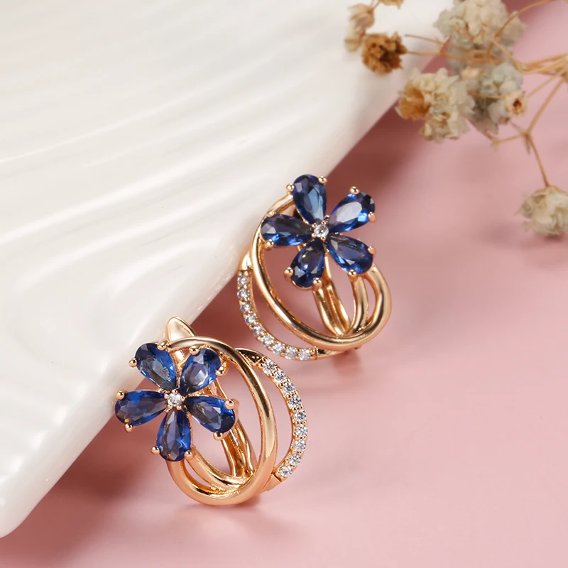Kinel Trend Blue Natural Zircon Stud Earrings for Women 585 Rose Gold Color Flower Earrings Quality Daily Fine Vintage Jewelry