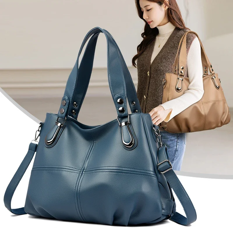 Casual PU Leather Big Tote Bags for Women Fashion Solid Color Zipper Female Shoulder Bag Ladies Large Capacity Hand Shopping Bag