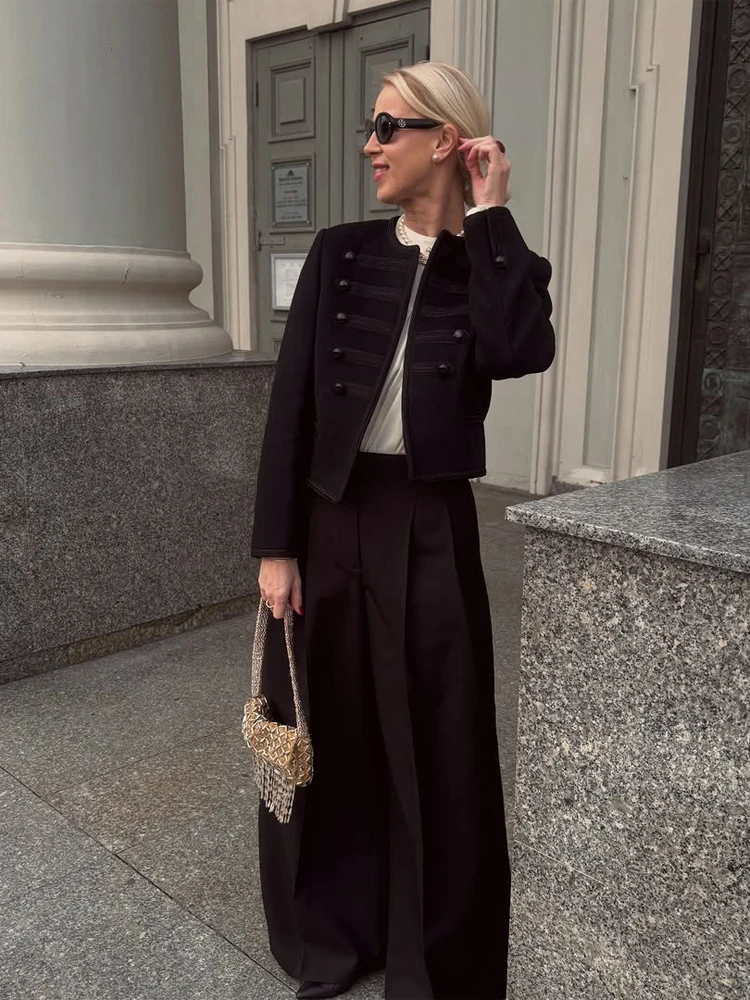 Black Short Baroque Jacket Women Elegant Stand Collar Pearl Buttons Military Jackets 2026 Spring Fashion Lady Daily Street Coat 3 Black Short Baroque Jacket Women Elegant Stand Collar Pearl Buttons Military Jackets 2026 Spring Fashion Lady Daily Street Coat 3