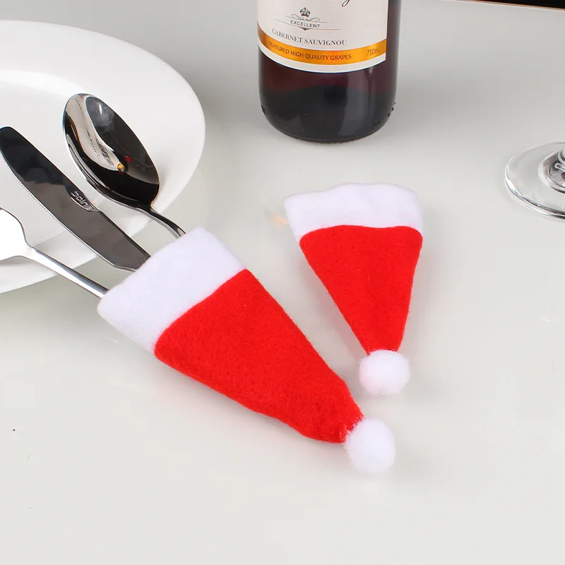 10pcs Lovely Christmas Hats Mini Lollipop Santa Claus Hats Bottle Cap Xmas Decorations Knife Spoon Fork Hold Party Table Decor