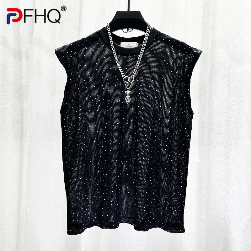 PFHQ Men's Summer Thin Vest Heavy Industry Hot Rolled Diamond Sleeveless Male Tank Top Casual Mesh Light Luxury Design 21Z4805