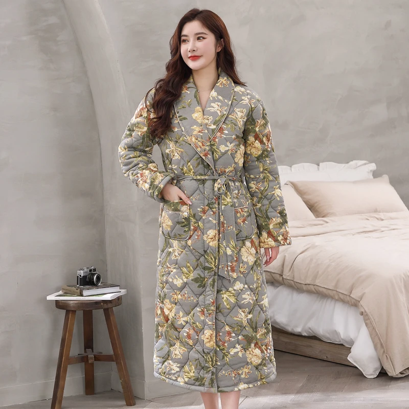 Women Floral Print Bath Robe 3 Layers Quilted Sleepwear Autumn Winter Cotton Bathrobe Thicken Warm Female Robe Nightgown M-3XL