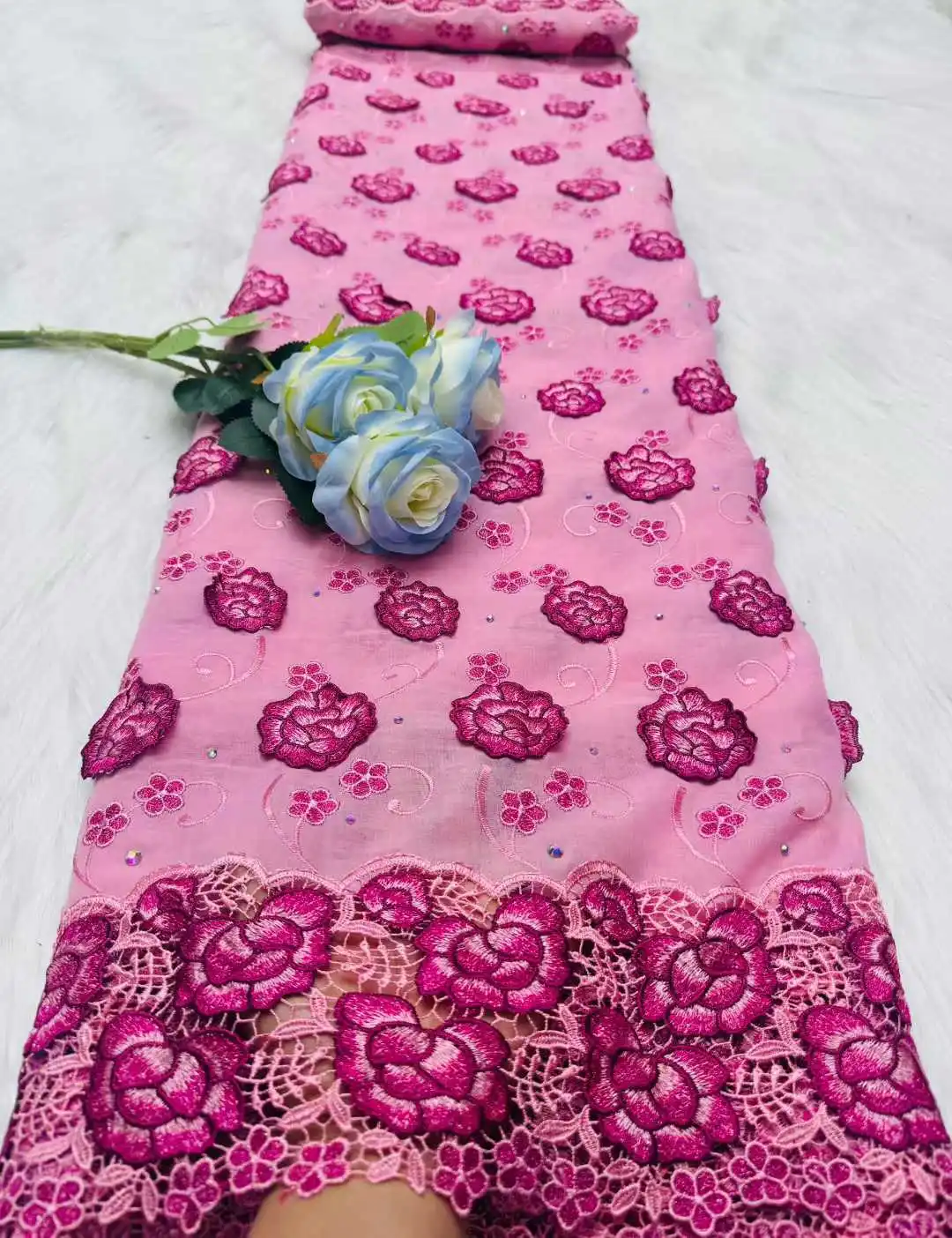 

Swiss Voile Lace Fabric 3D Flower Applique with Stones for African Wedding Dress Sewing Luxury Cotton Material Super Quality