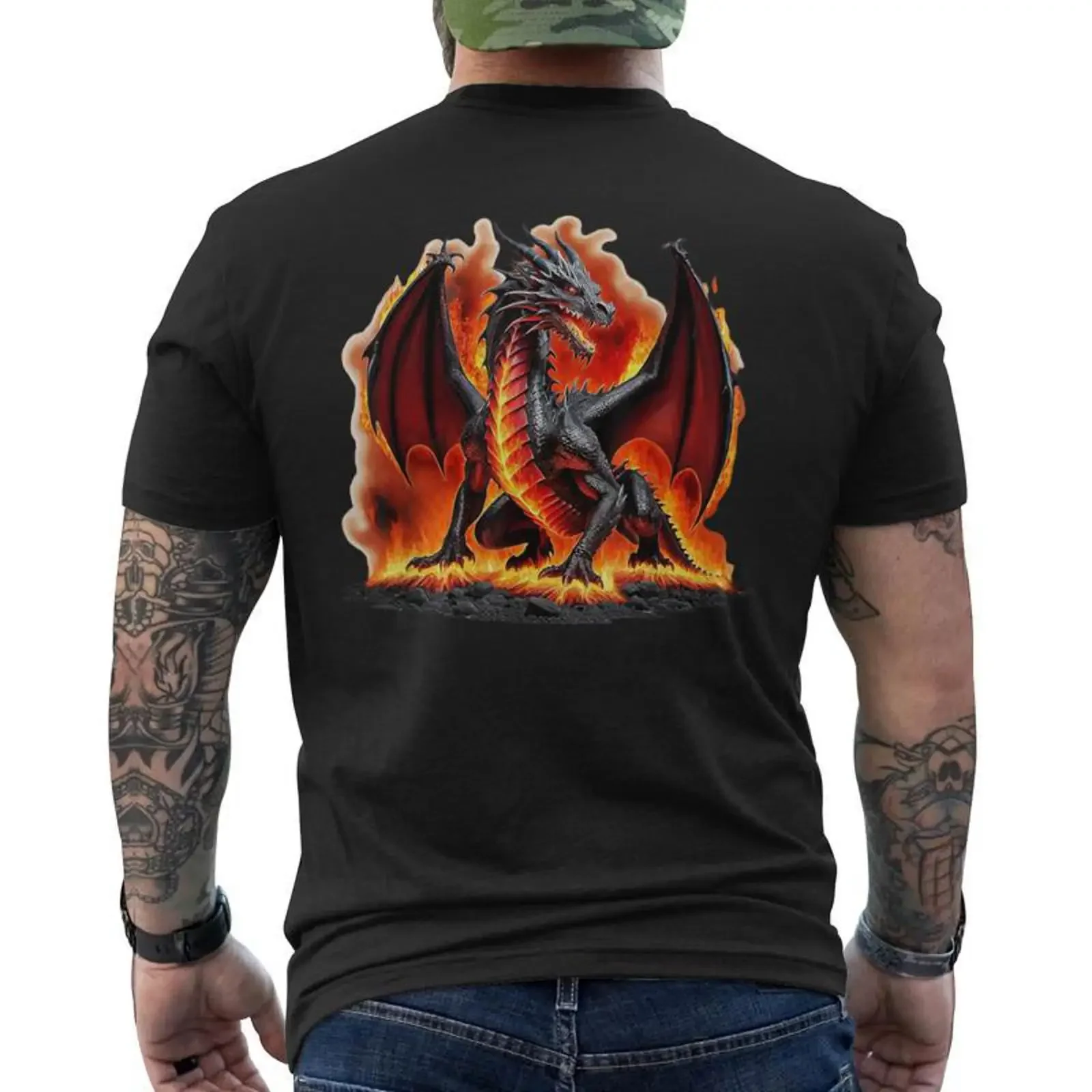 Inferno Dragon T shirt imprimé au dos Cadeauxyz vintage Washed Slightly graphic Stylish streetwear Comfortable Stretched homme