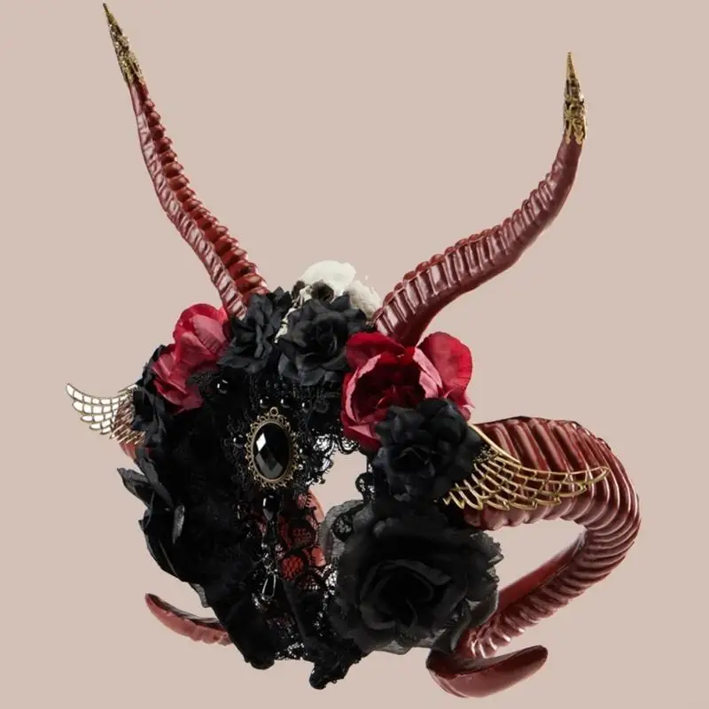 N5KB Gothic Horn Party Rose Hair Hoop Halloween Rose Play Play Proms Party Show en