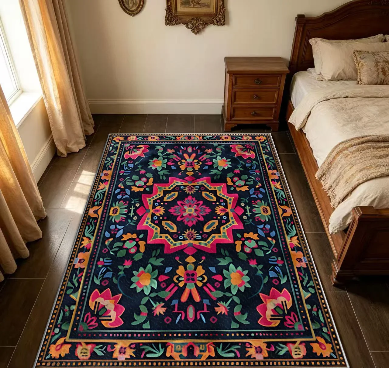 Black Base Bright Bohemian Floral Square Rug Non-Slip Colorful Ethnic Medallion Floor Mat for Living Room Hall Home Decoration