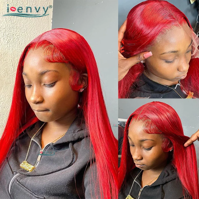 Red Colored 13x6 Lace Front  Human Hair Wigs Straight Burgundy 99J Transparent Lace Frontal Wig Pre Plucked Remy Red Human Hair