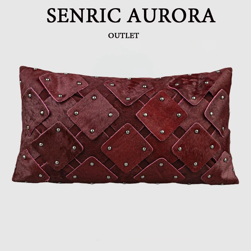 

Дизайнерский роскошный чехол для подушки 30x50 см бордовый из натуральной яловой кожи с заклепками из конского волоса, наволочка на талию для дома, отеля, кровати, дивана