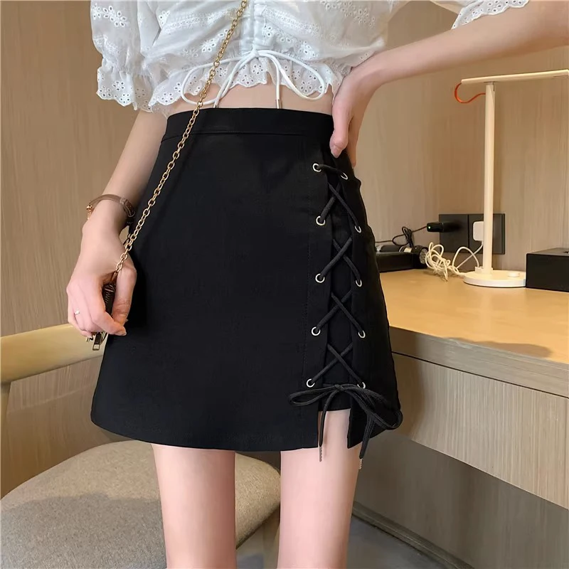 Y2K Women Bandage Mini Skirt Korean Black Slim High Waist Female A Line Skirt Summer New Preppy Style Ladies Hip Wrap Skirt