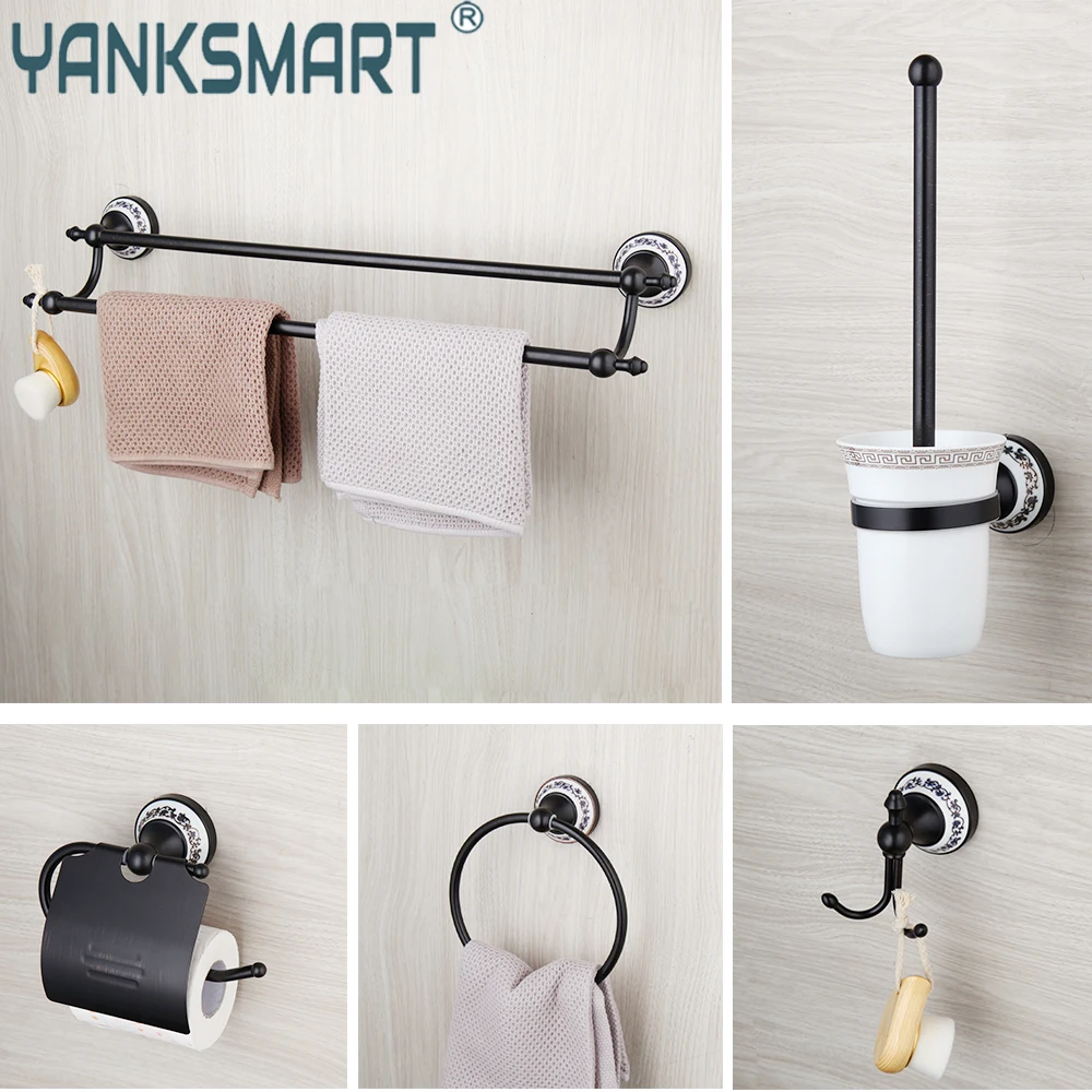 

YANKSMART Wall Mounted Matte Black Bathroom Accessories Towel Ring Rack Paper Holder Toilet Brush Holder Frosted Glass Cup