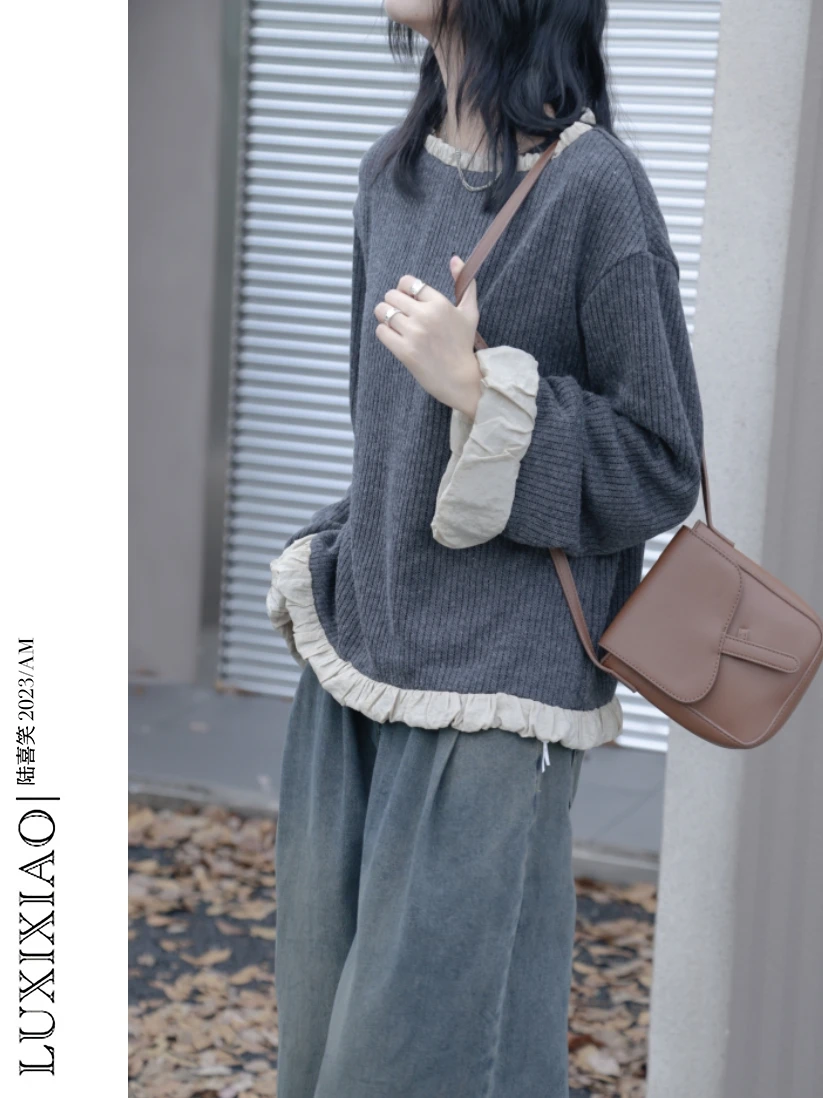 

LUXIXIAO женский вязаный свитер круглый Ne Thiened свободный крой осень-зима верхняя одежда лоскутный дизайн корейский топ