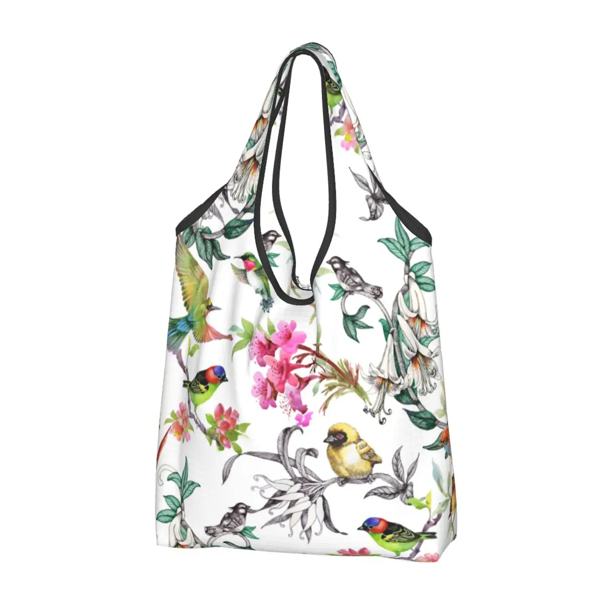 Hand Drawn Flowers And Birds Reusable Shopping Grocery Bags Foldable 50LB Weight Capacity Watercolor Swallows Floral Eco Bag