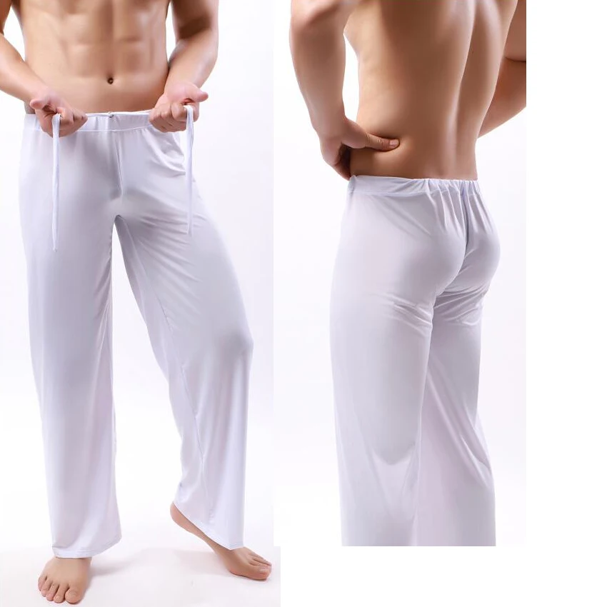 Men's Ice Silk Pajama Pants See Through Sleep Pants Soft Sheer Male Nightwear Sleep Trousers Home Sleepwear Bottoms Pj Pants