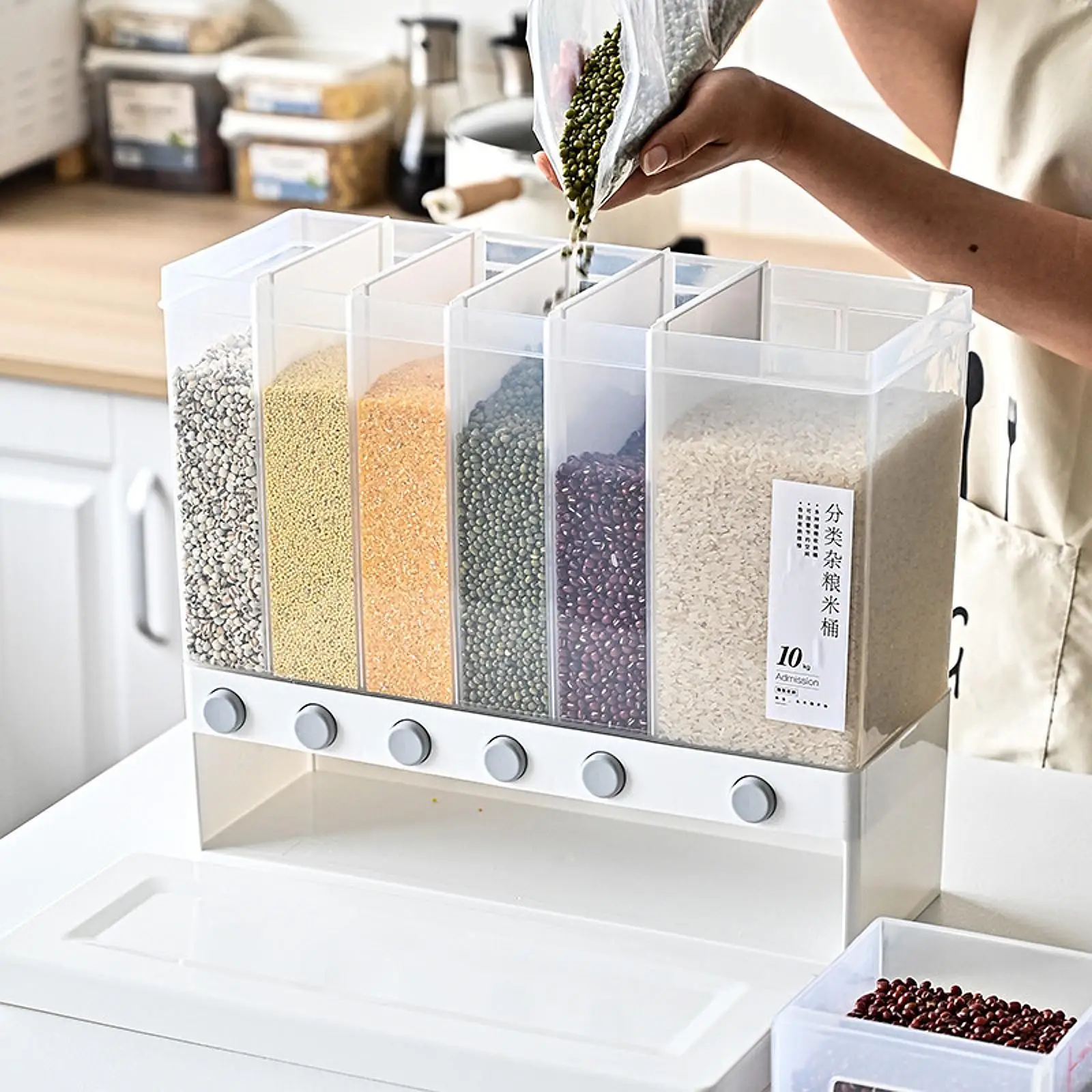 Cereal Dispenser Wall Mount 6 Compartment Large Capacity Transparent Rice Dispenser Machine for Millet Beans Rice Peanut Nuts