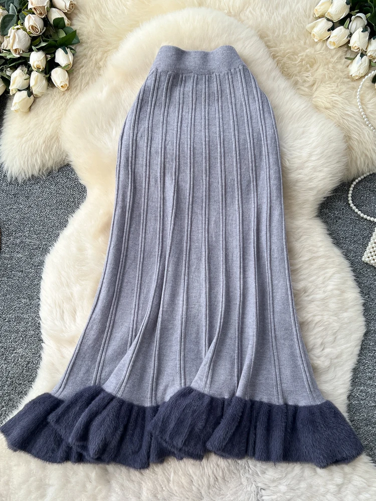 

Модная трикотажная юбка с высокой талией и кружевной отделкой для женщин, осень-зима, облегающее облегающее платье Ci для поездок на работу, подставка