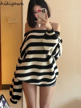 Casual Striped Women Pullovers Oversized Tops Sueter Mujer Slash Neck Sexy Jumper Chic Knitted Sweater 2025 Fall Winter Clothing