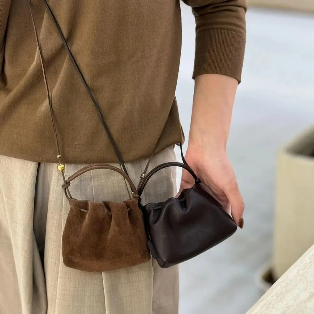 

Chinese Retro Mini Crossbody Bag with Drawstring Soft PU/Suede Material Earphone Bag Open Top Design Casual Fashion Accessory