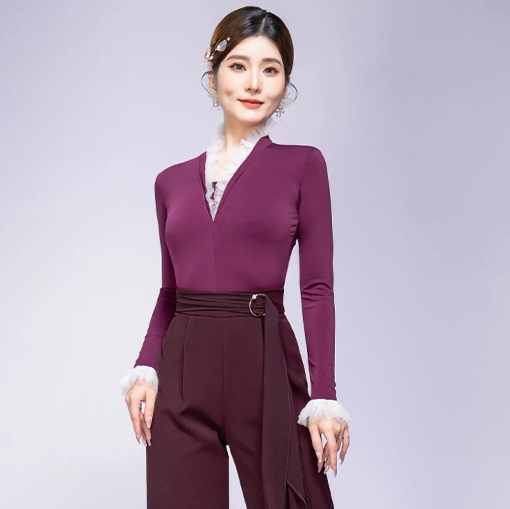 بدلة رقص لاتينية لممارسة الرقص على الطراز الجديد للسيدات بدلة رقص تشا تشا برقبة على شكل حرف v بقصة ضيقة وأكمام طويلة أداء سامبا