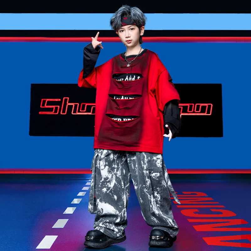 أزياء مسرح رقص الجاز الحديثة للأطفال لعام 2025 للفتيات قمصان حمراء وسراويل فضفاضة تناسب الأولاد ملابس الهيب هوب DQS21493 #4